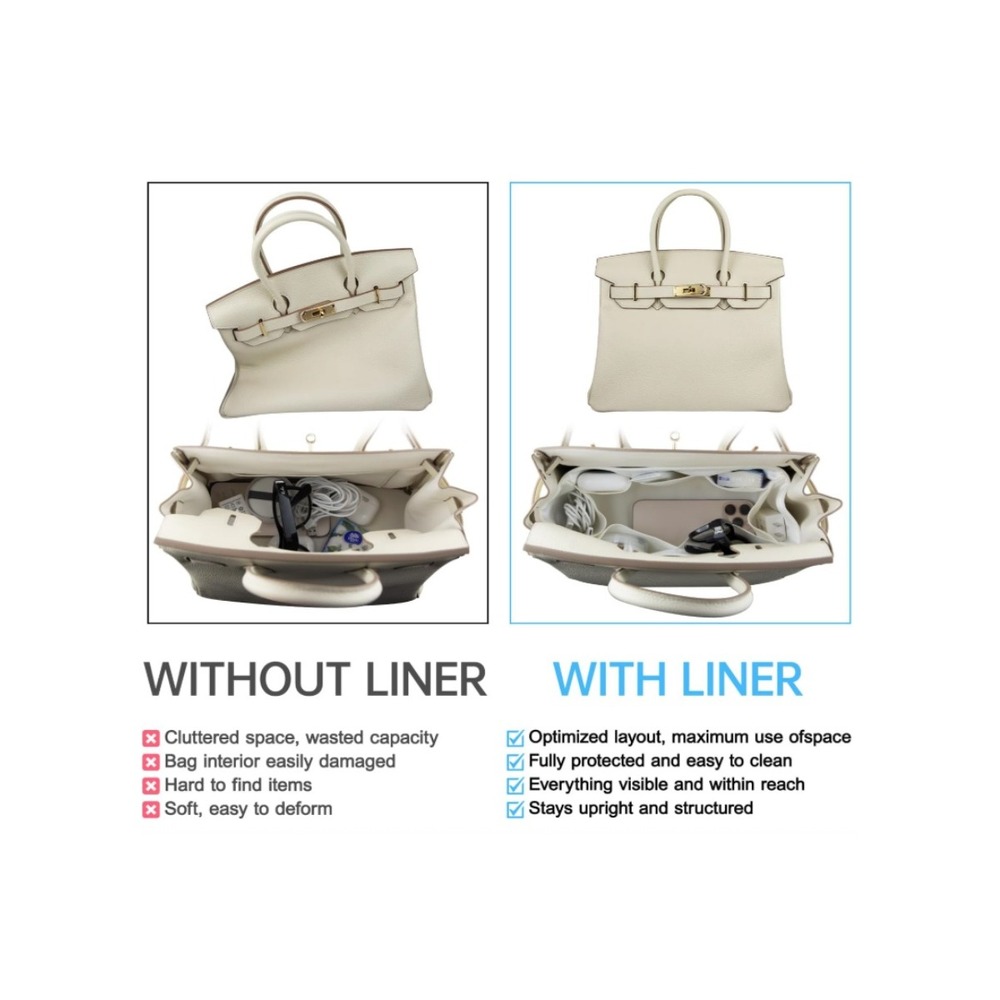 Satin Purse Organizer Insert for Birkin 30 Etoupe Grey Inner Bag Liner BK30 - Picture 5 of 6
